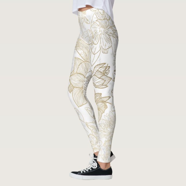 Elegant modern white gray gold marble floral leggings (Left)
