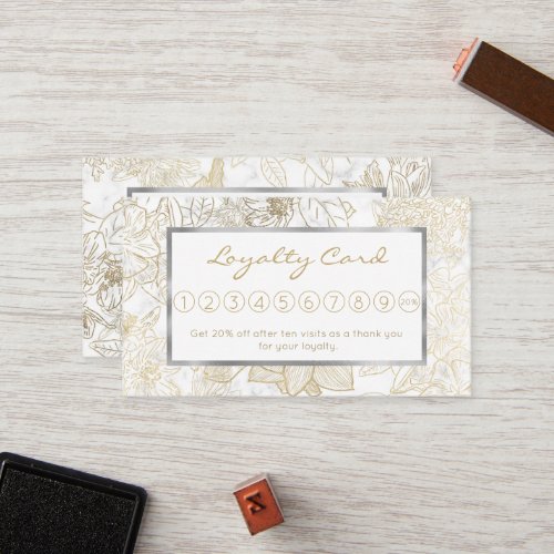 Elegant modern white gray gold marble floral loyalty card