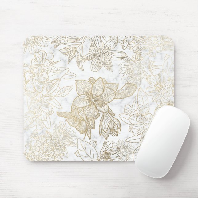 Elegant modern white gray gold marble floral mouse pad (With Mouse)