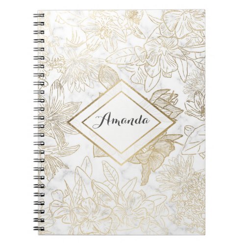 Elegant modern white gray gold marble floral notebook