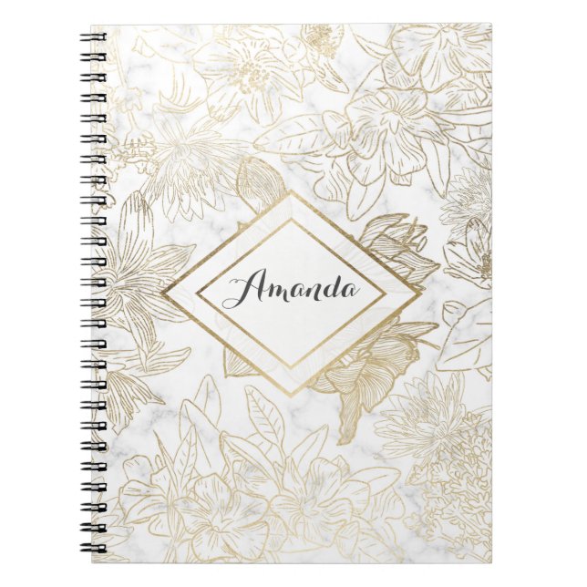Elegant modern white gray gold marble floral notebook (Front)