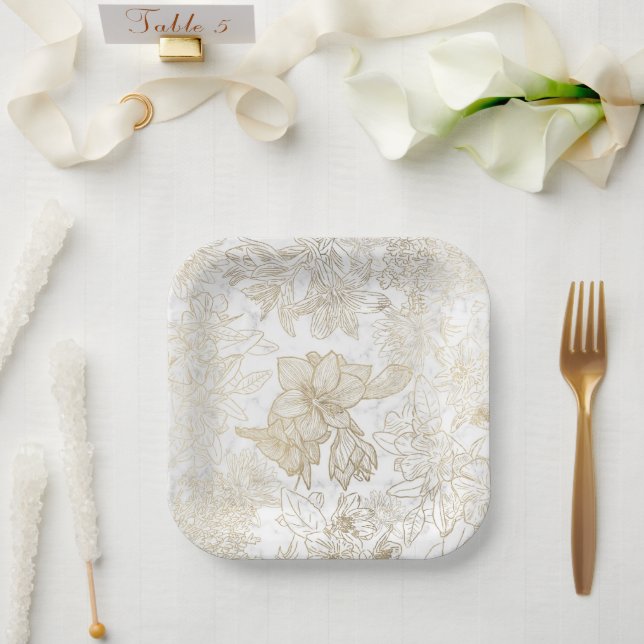 Elegant modern white gray gold marble floral paper plates (Wedding)