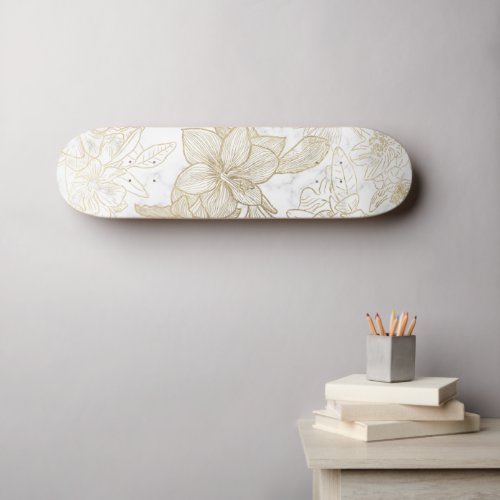 Elegant modern white gray gold marble floral skateboard