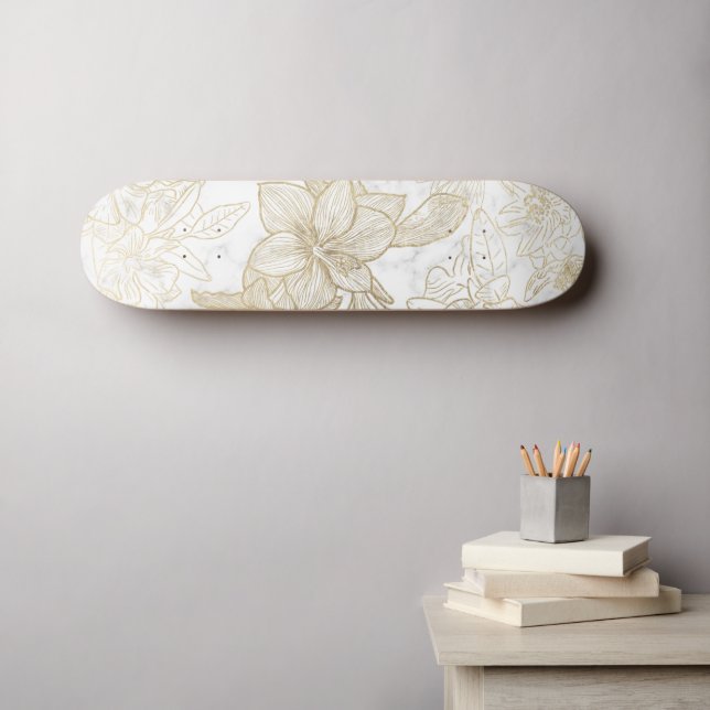 Elegant modern white gray gold marble floral skateboard (Wall Art (Horz))