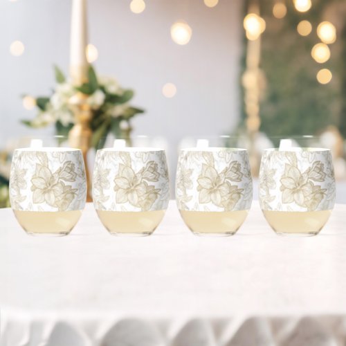 Elegant modern white gray gold marble floral stemless wine glass