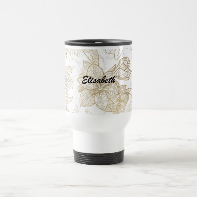 Elegant modern white gray gold marble floral travel mug (Center)