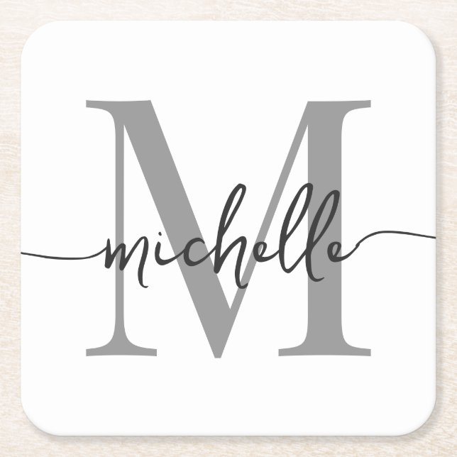 Elegant Modern White Gray Monogram Name Script Square Paper Coaster (Front)