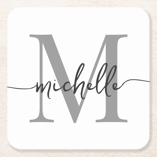Elegant Modern White Gray Monogram Name Script Square Paper Coaster ...