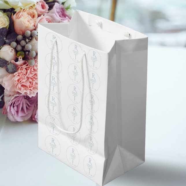 Elegant Modern White Gray Monogram Wedding  Medium Gift Bag (Creator Uploaded)