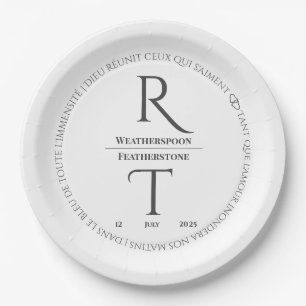 Elegant Modern White Gray Monogram Wedding Paper Plates