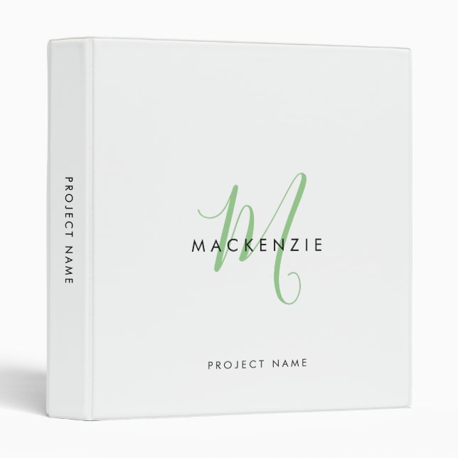 Elegant Modern White Green Script Monogram 3 Ring Binder (Front/Spine)