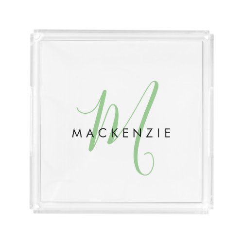 Elegant Modern White Green Script Monogram Acrylic Tray