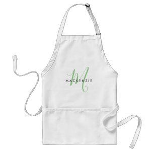 Elegant Modern White Green Script Monogram Adult Apron