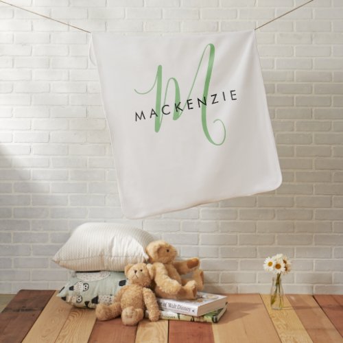 Elegant Modern White Green Script Monogram Baby Blanket