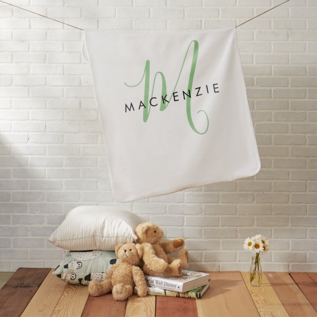 Elegant Modern White Green Script Monogram Baby Blanket (In Situ)