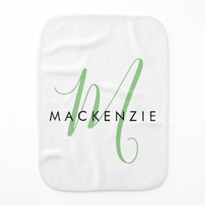 Elegant Modern White Green Script Monogram Baby Burp Cloth