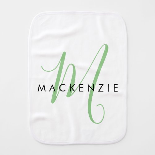 Elegant Modern White Green Script Monogram Baby Burp Cloth