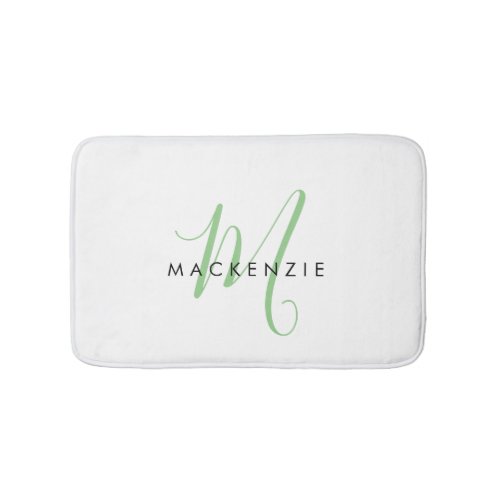 Elegant Modern White Green Script Monogram Bath Mat