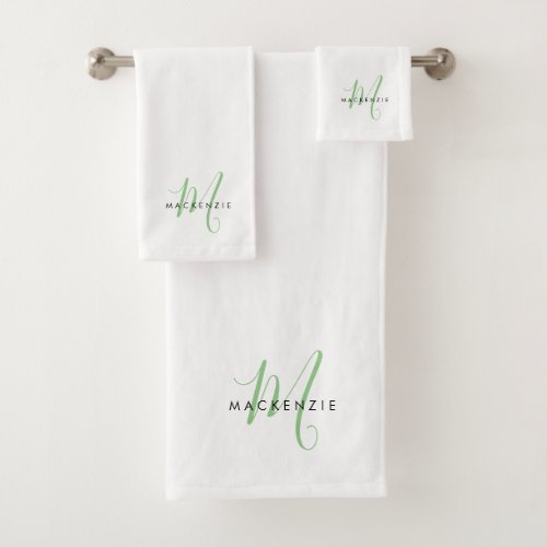 Elegant Modern White Green Script Monogram Bath Towel Set