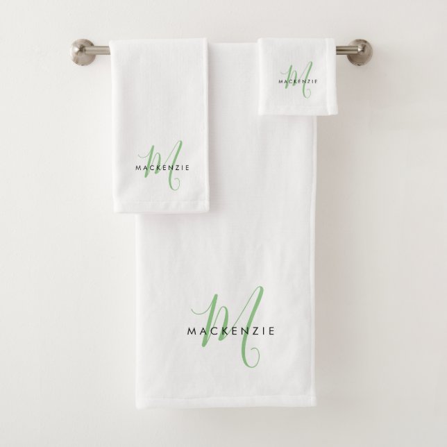 Elegant Modern White Green Script Monogram Bath Towel Set (Insitu)