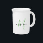 Elegant Modern White Green Script Monogram Beverage Pitcher<br><div class="desc">Elegant Modern White Green Script Monogram pitcher.  An elegant green script monogram combined with a clean black san-serif font makes for a contemporary look.</div>