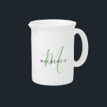 Elegant Modern White Green Script Monogram Beverage Pitcher<br><div class="desc">Elegant Modern White Green Script Monogram pitcher.  An elegant green script monogram combined with a clean black san-serif font makes for a contemporary look.</div>