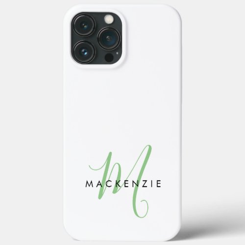 Elegant Modern White Green Script Monogram iPhone 13 Pro Max Case