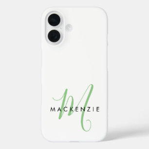 Elegant Modern White Green Script Monogram iPhone 16 Case