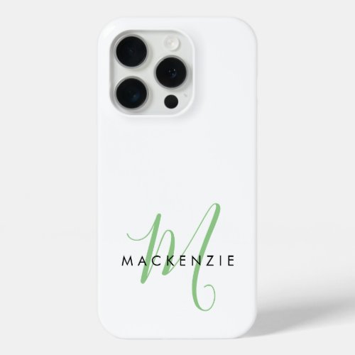 Elegant Modern White Green Script Monogram iPhone 15 Pro Case