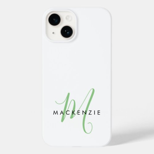 Elegant Modern White Green Script Monogram Case_Mate iPhone 14 Case