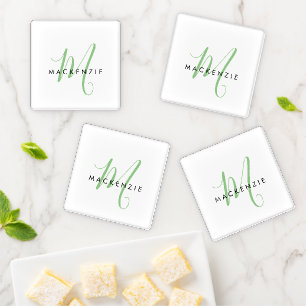 Elegant Modern White Green Script Monogram Coaster Set