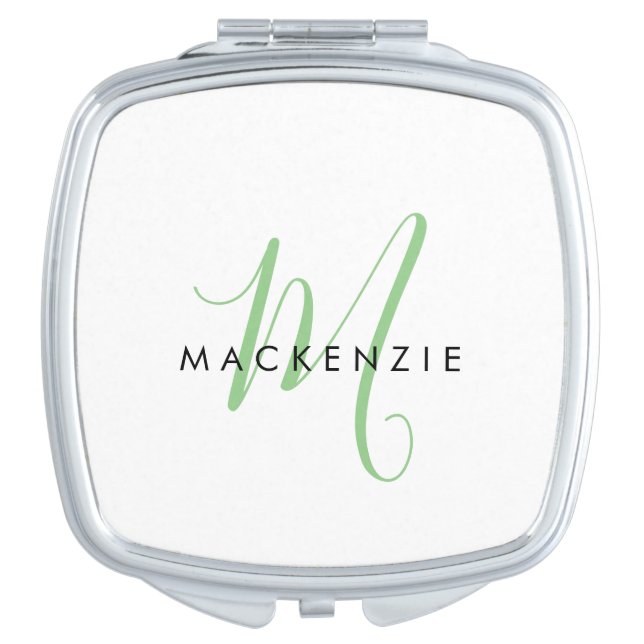 Elegant Modern White Green Script Monogram Compact Mirror (Front)