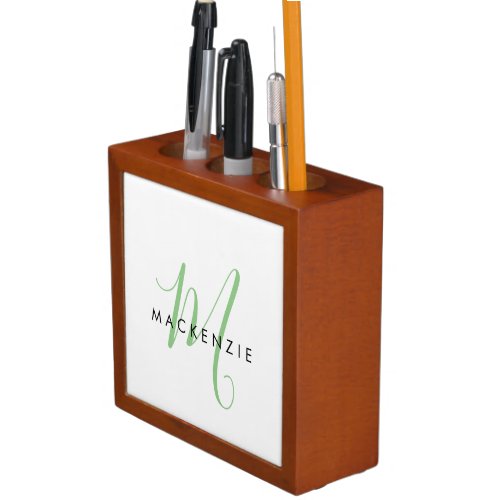 Elegant Modern White Green Script Monogram Desk Organizer