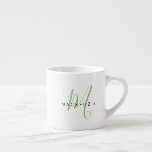 Elegant Modern White Green Script Monogram Espresso Cup