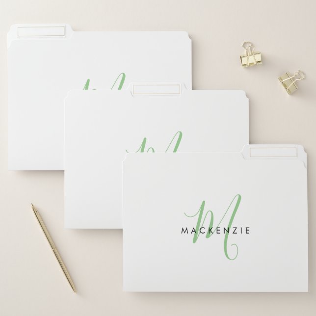 Elegant Modern White Green Script Monogram File Folder (Set)
