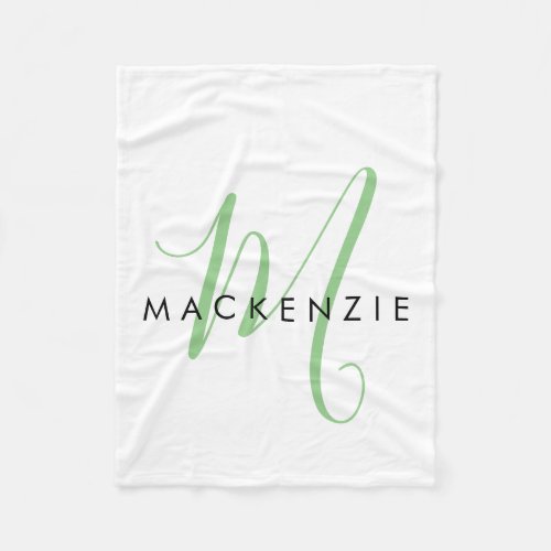 Elegant Modern White Green Script Monogram Fleece Blanket