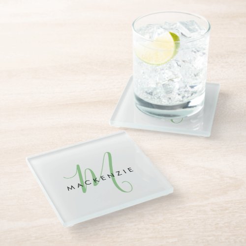 Elegant Modern White Green Script Monogram Glass Coaster