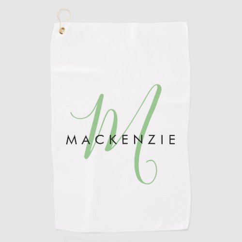 Elegant Modern White Green Script Monogram Golf Towel