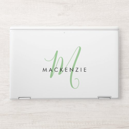 Elegant Modern White Green Script Monogram HP Laptop Skin