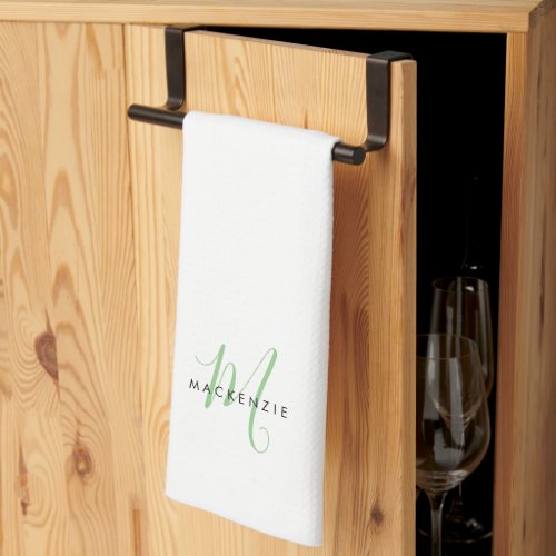 Elegant Modern White Green Script Monogram Kitchen Towel