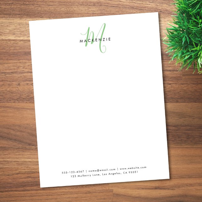 Elegant Modern White Green Script Monogram Letterhead (Creator Uploaded)