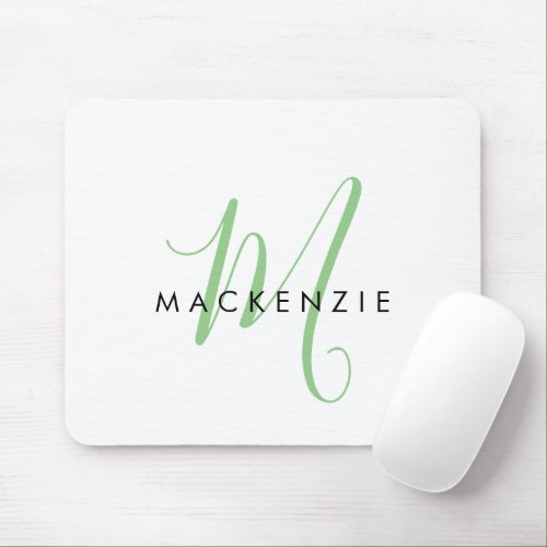 Elegant Modern White Green Script Monogram Mouse Pad