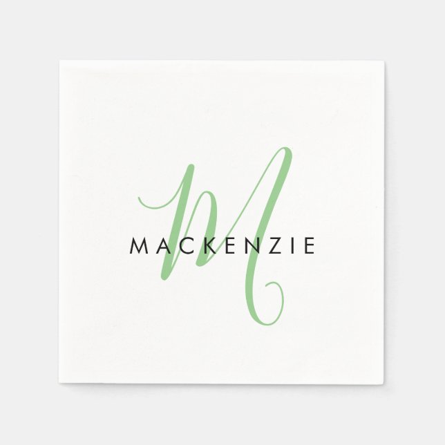 Elegant Modern White Green Script Monogram Napkins (Front)