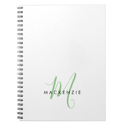 Elegant Modern White Green Script Monogram Notebook