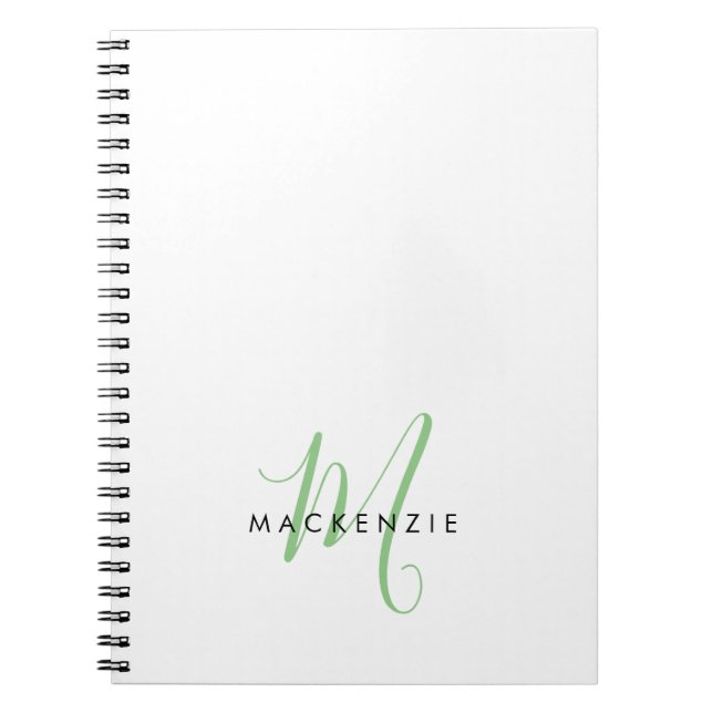 Elegant Modern White Green Script Monogram Notebook (Front)