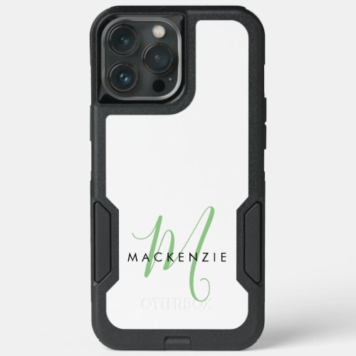 Elegant Modern White Green Script Monogram iPhone 13 Pro Max Case