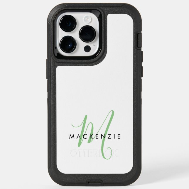 Elegant Modern White Green Script Monogram Otterbox iPhone Case (Back)