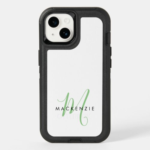 Elegant Modern White Green Script Monogram OtterBox iPhone 14 Case