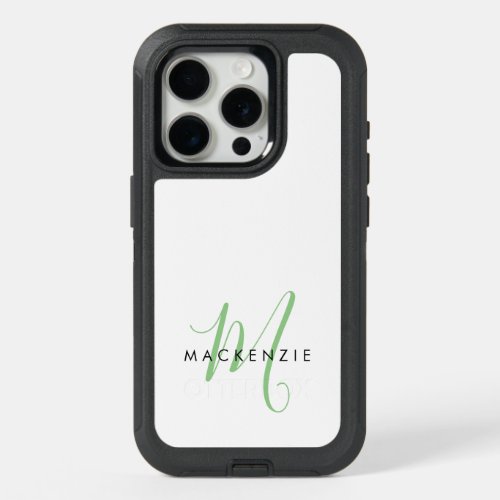 Elegant Modern White Green Script Monogram iPhone 15 Pro Case