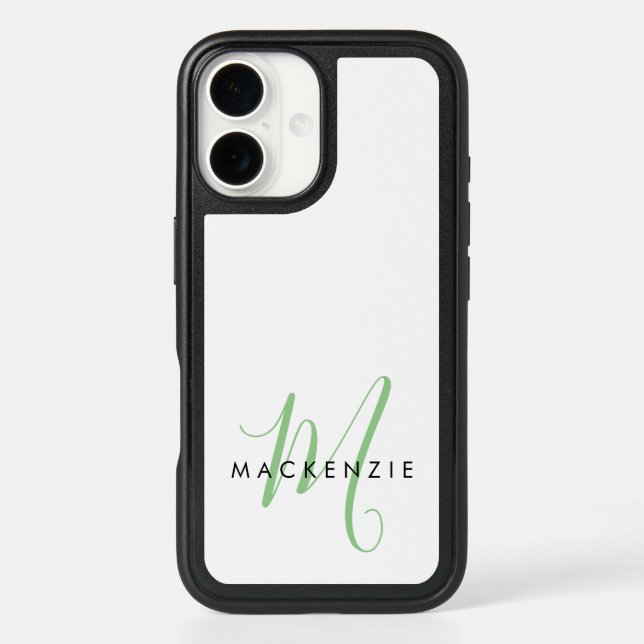 Elegant Modern White Green Script Monogram Otterbox iPhone Case (Back)
